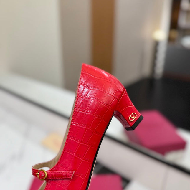 VLTN VLOGO SIGNATURE ROUND-TOE HEELS 25S IN RED LAMBSKIN SNAKE-EMBOSSED
