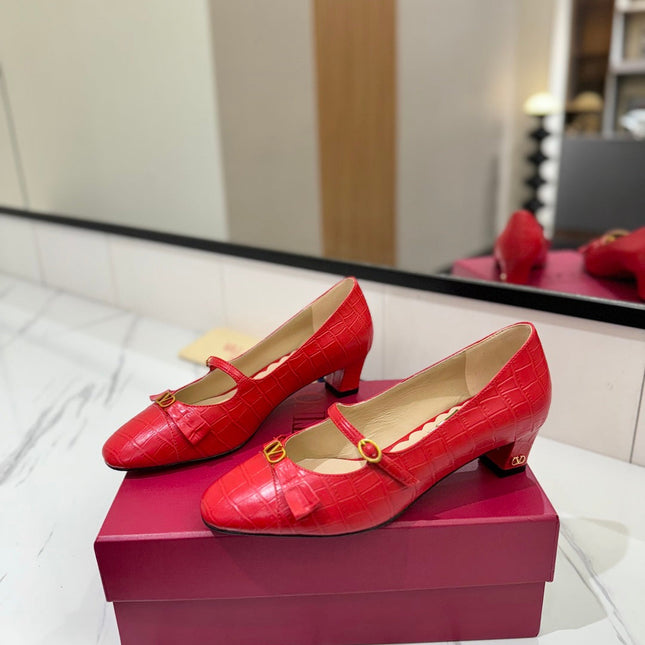 VLTN VLOGO SIGNATURE ROUND-TOE HEELS 25S IN RED LAMBSKIN SNAKE-EMBOSSED