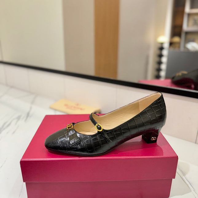 VLTN VLOGO SIGNATURE ROUND-TOE HEELS 25S IN BLACK LAMBSKIN SNAKE-EMBOSSED