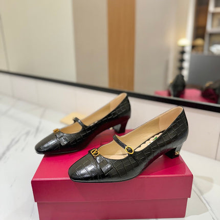 VLTN VLOGO SIGNATURE ROUND-TOE HEELS 25S IN BLACK LAMBSKIN SNAKE-EMBOSSED