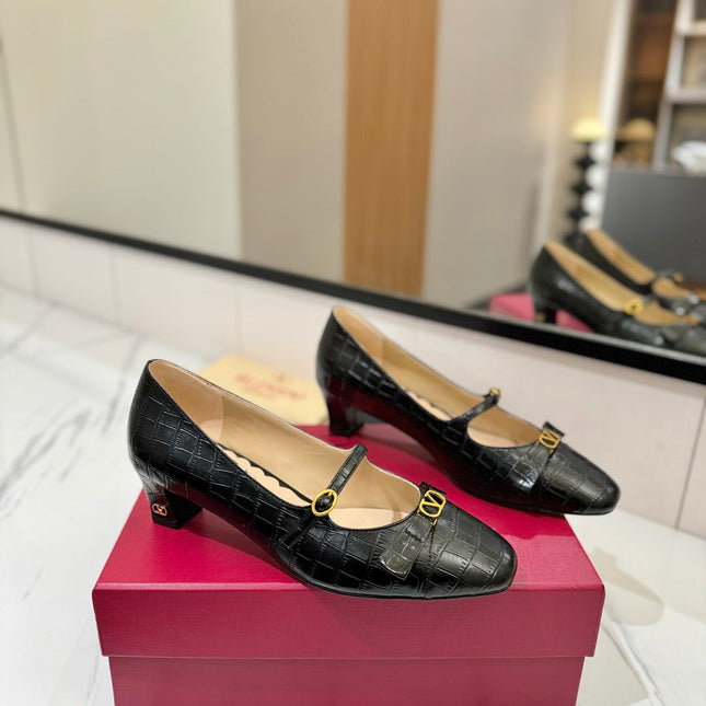 VLTN VLOGO SIGNATURE ROUND-TOE HEELS 25S IN BLACK LAMBSKIN SNAKE-EMBOSSED