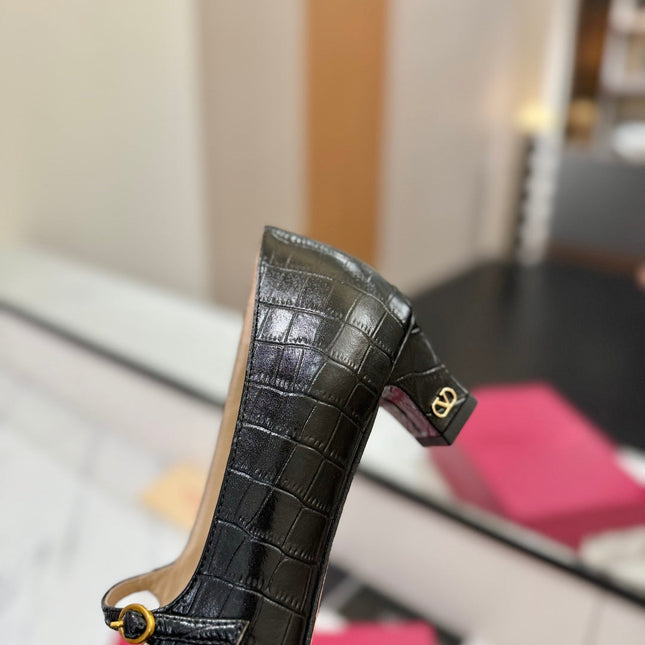 VLTN VLOGO SIGNATURE ROUND-TOE HEELS 25S IN BLACK LAMBSKIN SNAKE-EMBOSSED