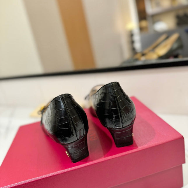 VLTN VLOGO SIGNATURE ROUND-TOE HEELS 25S IN BLACK LAMBSKIN SNAKE-EMBOSSED