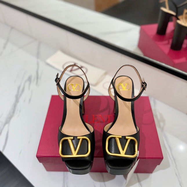 VLTN HIGH SANDAL 25S 115 MM IN BLACK LAMBSKIN WITH GOLD HARDWARE