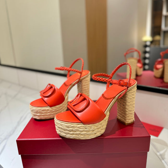 VLTN ESPADRILLE WEDGE SANDALS 25S 115 MM IN ORANGE LAMBSKIN