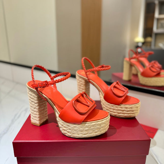 VLTN ESPADRILLE WEDGE SANDALS 25S 115 MM IN ORANGE LAMBSKIN