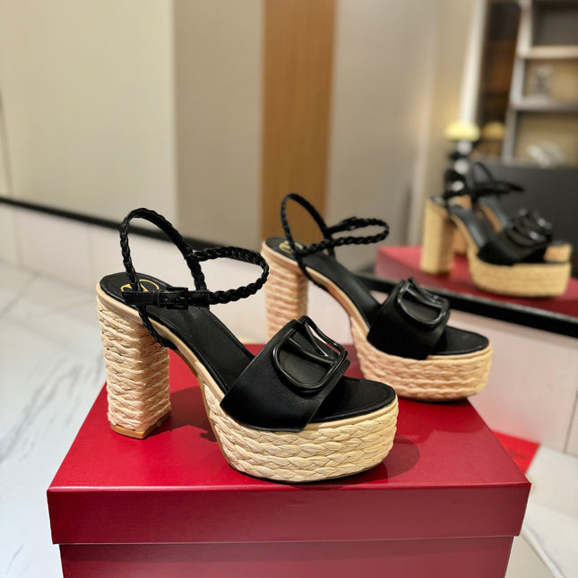 VLTN ESPADRILLE WEDGE SANDALS 25S 115 MM IN BLACK LAMBSKIN