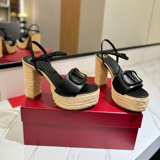 VLTN ESPADRILLE WEDGE SANDALS 25S 115 MM IN BLACK LAMBSKIN