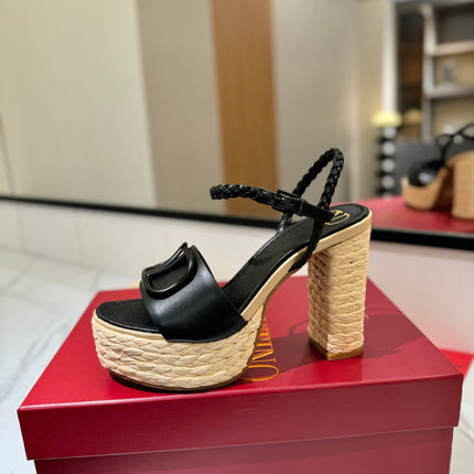 VLTN ESPADRILLE WEDGE SANDALS 25S 115 MM IN BLACK LAMBSKIN