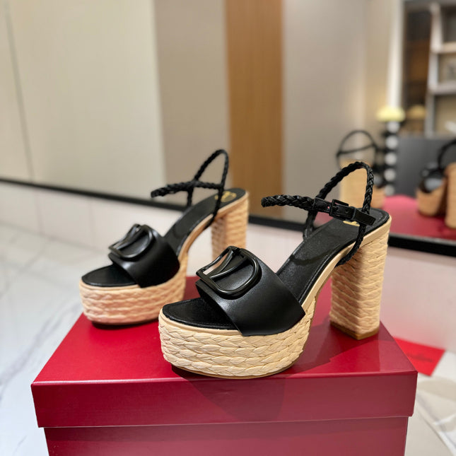 VLTN ESPADRILLE WEDGE SANDALS 25S 115 MM IN BLACK LAMBSKIN