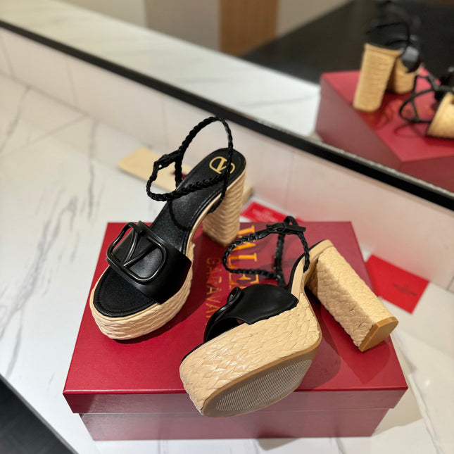 VLTN ESPADRILLE WEDGE SANDALS 25S 115 MM IN BLACK LAMBSKIN