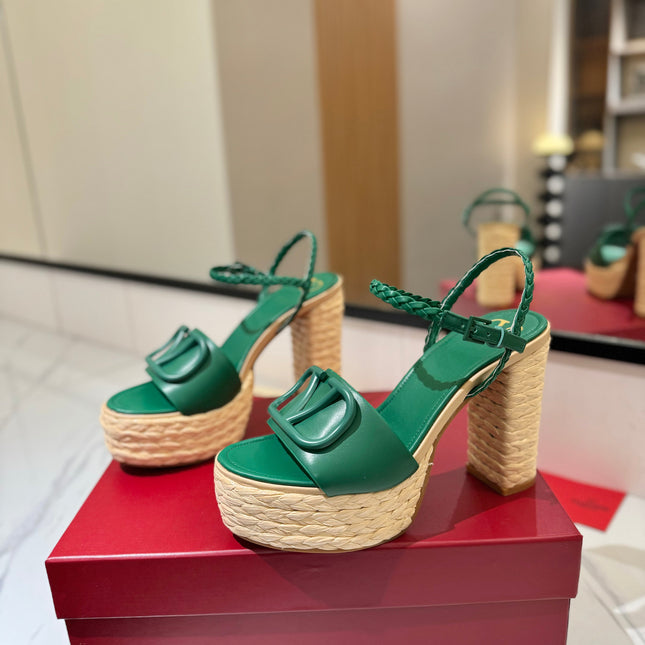VLTN ESPADRILLE WEDGE SANDALS 25S 115 MM IN DARK GREEN LAMBSKIN