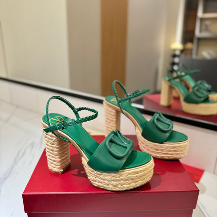 VLTN ESPADRILLE WEDGE SANDALS 25S 115 MM IN DARK GREEN LAMBSKIN