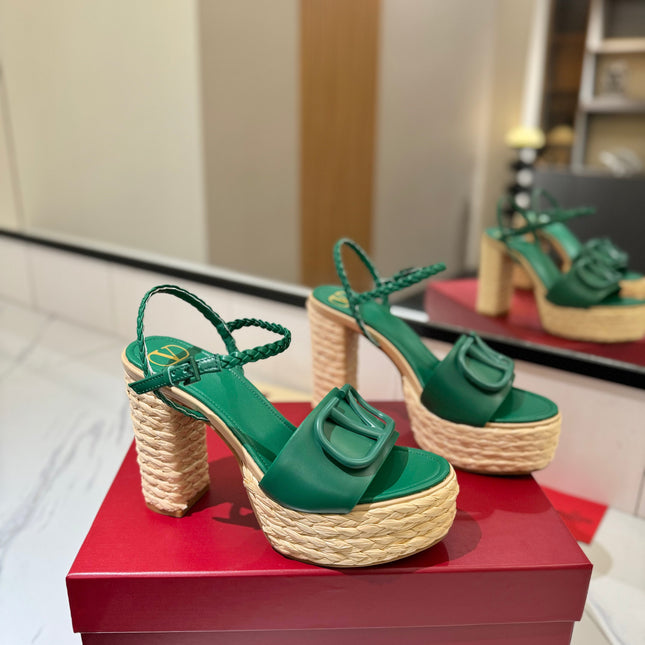 VLTN ESPADRILLE WEDGE SANDALS 25S 115 MM IN DARK GREEN LAMBSKIN