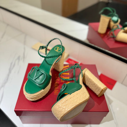 VLTN ESPADRILLE WEDGE SANDALS 25S 115 MM IN DARK GREEN LAMBSKIN