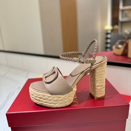 VLTN ESPADRILLE WEDGE SANDALS 25S 115 MM IN BEIGE BROWN LAMBSKIN