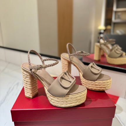 VLTN ESPADRILLE WEDGE SANDALS 25S 115 MM IN BEIGE BROWN LAMBSKIN