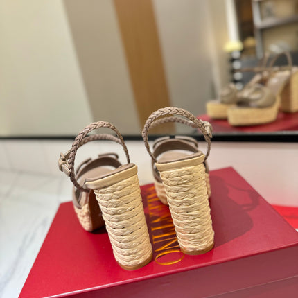 VLTN ESPADRILLE WEDGE SANDALS 25S 115 MM IN BEIGE BROWN LAMBSKIN