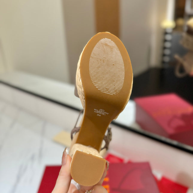 VLTN ESPADRILLE WEDGE SANDALS 25S 115 MM IN BEIGE BROWN LAMBSKIN