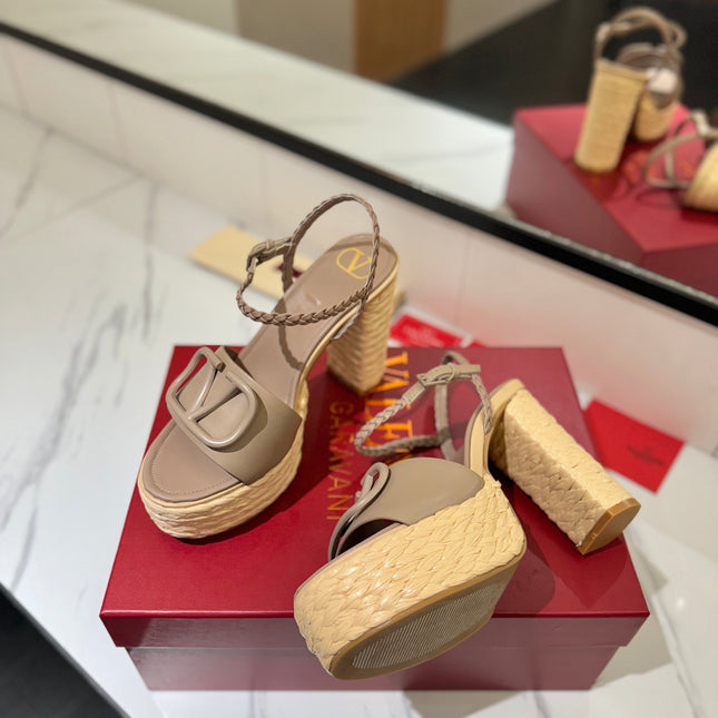 VLTN ESPADRILLE WEDGE SANDALS 25S 115 MM IN BEIGE BROWN LAMBSKIN