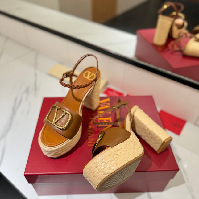 VLTN ESPADRILLE WEDGE SANDALS 25S 115 MM IN BROWN LAMBSKIN WITH GOLD HARDWARE