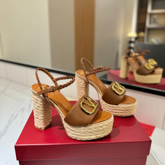 VLTN ESPADRILLE WEDGE SANDALS 25S 115 MM IN BROWN LAMBSKIN WITH GOLD HARDWARE