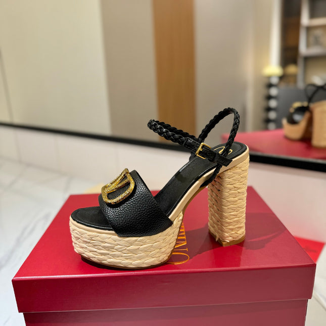 VLTN ESPADRILLE WEDGE SANDALS 25S 115 MM IN BLACK LAMBSKIN WITH GOLD HARDWARE