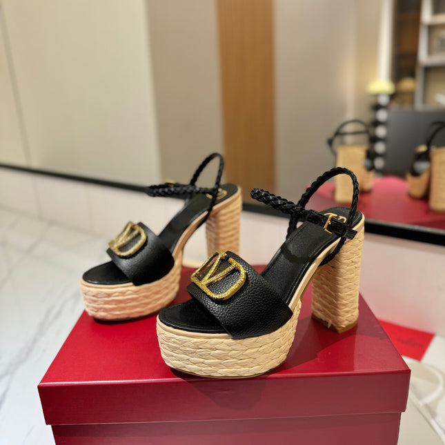 VLTN ESPADRILLE WEDGE SANDALS 25S 115 MM IN BLACK LAMBSKIN WITH GOLD HARDWARE