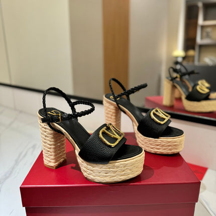 VLTN ESPADRILLE WEDGE SANDALS 25S 115 MM IN BLACK LAMBSKIN WITH GOLD HARDWARE