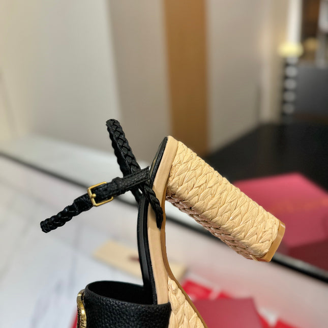 VLTN ESPADRILLE WEDGE SANDALS 25S 115 MM IN BLACK LAMBSKIN WITH GOLD HARDWARE