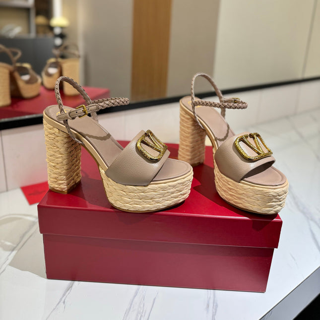 VLTN ESPADRILLE WEDGE SANDALS 25S 115 MM IN BEIGE BROWN LAMBSKIN WITH GOLD HARDWARE