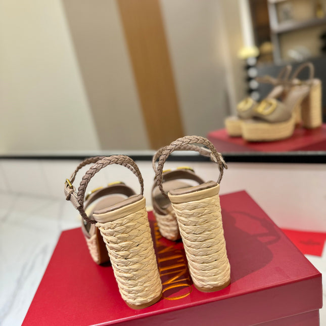 VLTN ESPADRILLE WEDGE SANDALS 25S 115 MM IN BEIGE BROWN LAMBSKIN WITH GOLD HARDWARE