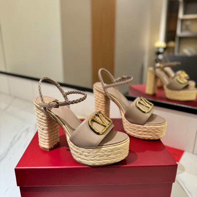 VLTN ESPADRILLE WEDGE SANDALS 25S 115 MM IN BEIGE BROWN LAMBSKIN WITH GOLD HARDWARE