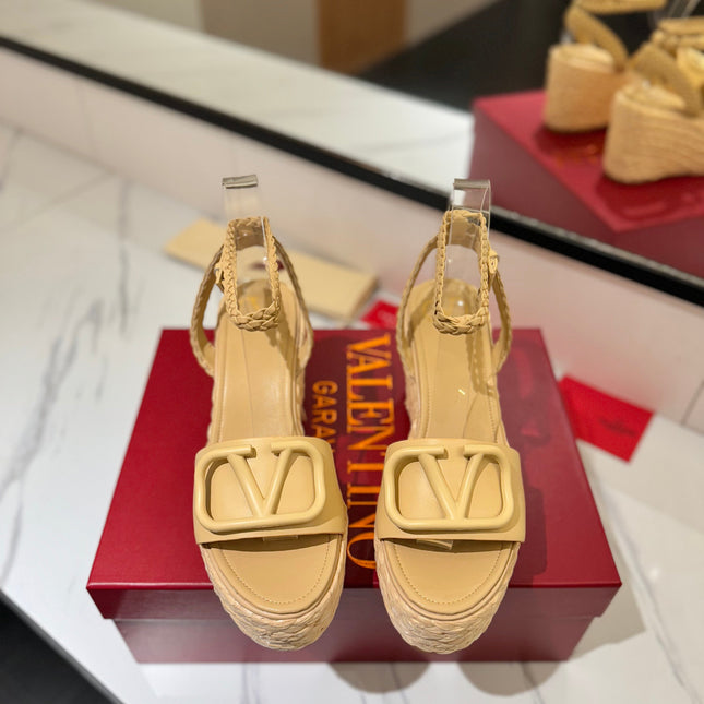 VLTN ESPADRILLE WEDGE SANDALS 25S 90 MM IN GOLDEN BEIGE LAMBSKIN STYLE 9