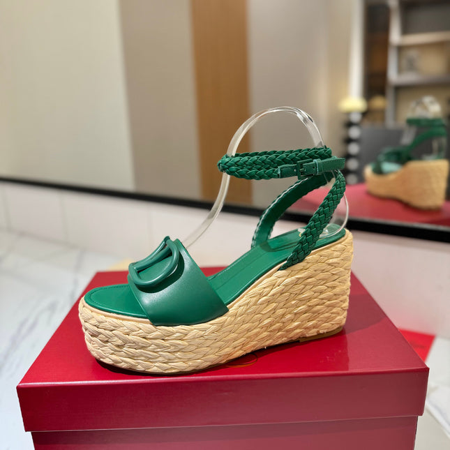 VLTN ESPADRILLE WEDGE SANDALS 25S 90 MM IN DARK GREEN LAMBSKIN STYLE 6