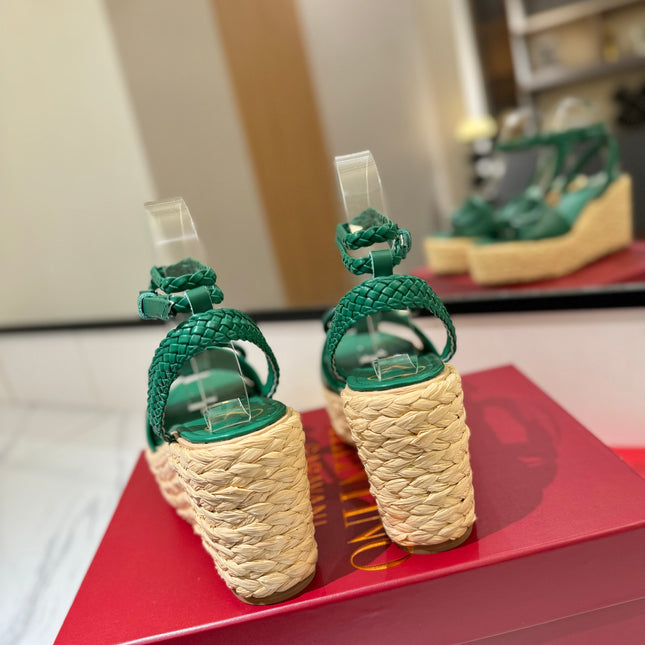 VLTN ESPADRILLE WEDGE SANDALS 25S 90 MM IN DARK GREEN LAMBSKIN STYLE 6