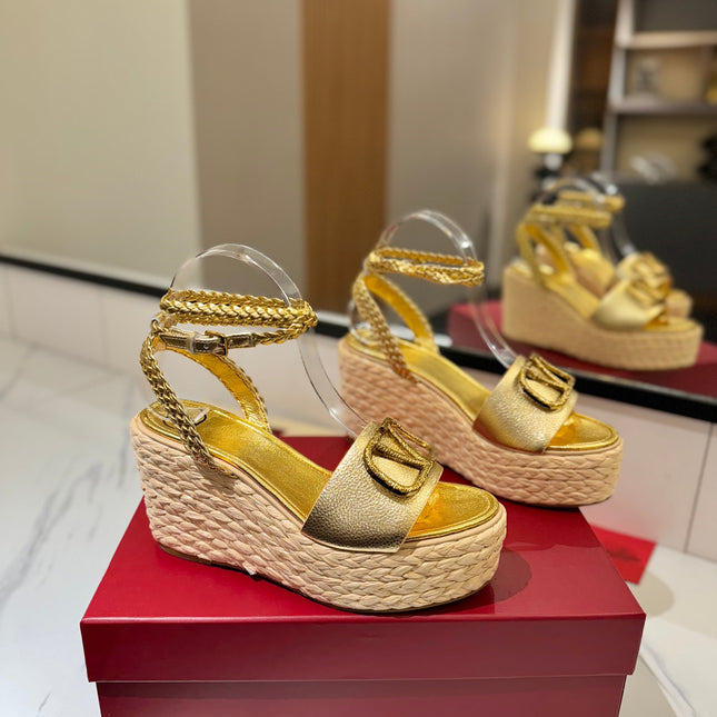 VLTN ESPADRILLE WEDGE SANDALS 25S 90 MM IN GOLD LAMBSKIN STYLE 1