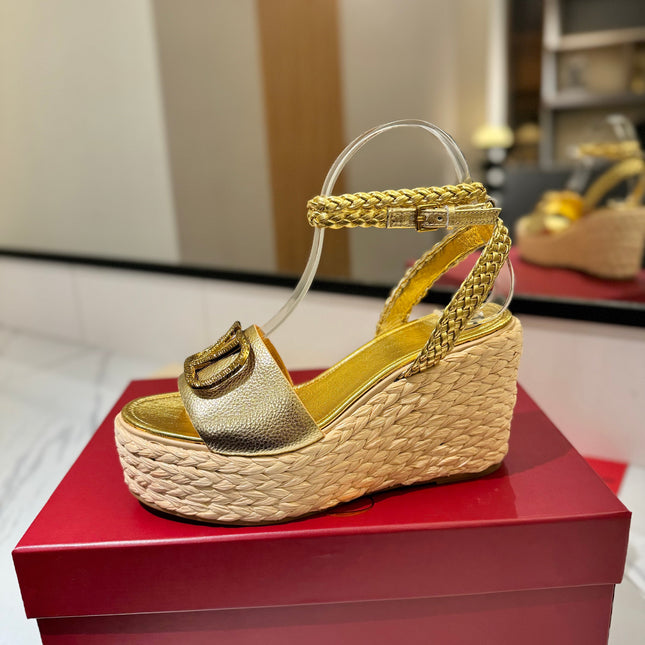 VLTN ESPADRILLE WEDGE SANDALS 25S 90 MM IN GOLD LAMBSKIN STYLE 1
