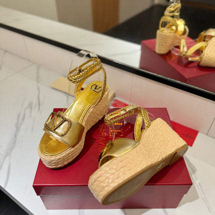 VLTN ESPADRILLE WEDGE SANDALS 25S 90 MM IN GOLD LAMBSKIN STYLE 1