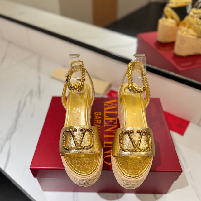 VLTN ESPADRILLE WEDGE SANDALS 25S 90 MM IN GOLD LAMBSKIN STYLE 1