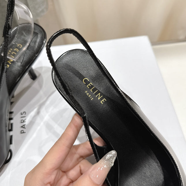 JUDY CAP TOE SLINGBACK 65MM IN BLACK SHINY CALFSKIN AND SILVER SNAKE EMBOSSED LEATHER