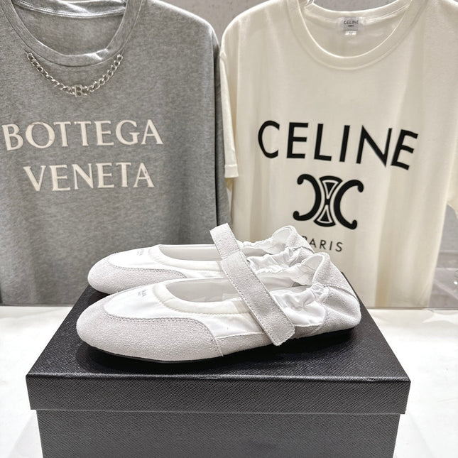 PRADA 25S COLLAPSE RE NYLON AND SUEDE BALLERINAS IN LIGHT GRAY AND CREAM