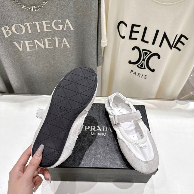 PRADA 25S COLLAPSE RE NYLON AND SUEDE BALLERINAS IN LIGHT GRAY AND CREAM