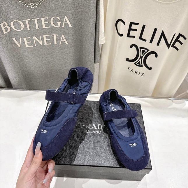 PRADA 25S COLLAPSE RE NYLON AND SUEDE BALLERINAS IN DARK BLUE