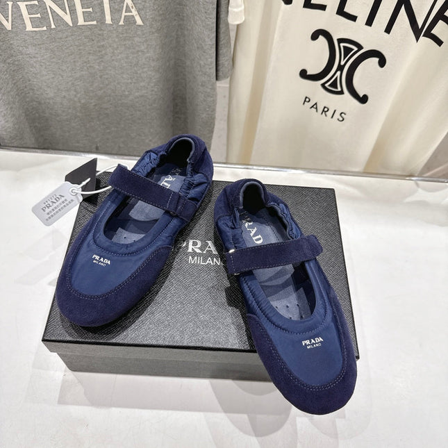 PRADA 25S COLLAPSE RE NYLON AND SUEDE BALLERINAS IN DARK BLUE