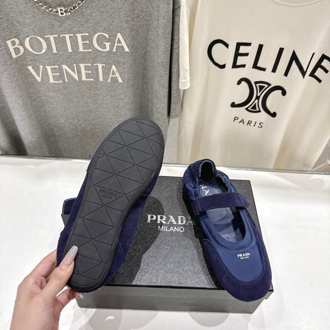 PRADA 25S COLLAPSE RE NYLON AND SUEDE BALLERINAS IN DARK BLUE