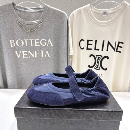 PRADA 25S COLLAPSE RE NYLON AND SUEDE BALLERINAS IN DARK BLUE