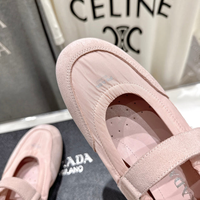 PRADA 25S COLLAPSE RE NYLON AND SUEDE BALLERINAS IN BABY PINK