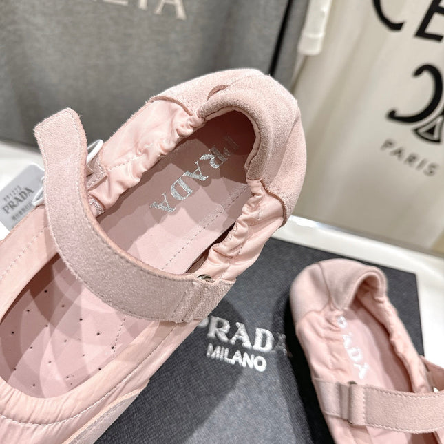 PRADA 25S COLLAPSE RE NYLON AND SUEDE BALLERINAS IN BABY PINK