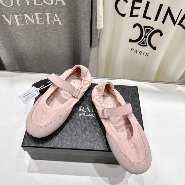 PRADA 25S COLLAPSE RE NYLON AND SUEDE BALLERINAS IN BABY PINK